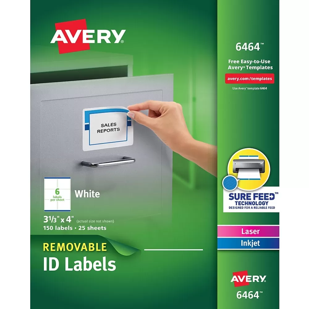 Avery Labels<Sure Feed Laser/Inkjet ID Labels, 3-1/3" x 4", White, 150 Labels/Pack (6464)