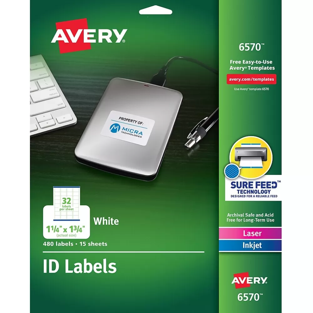 Avery Labels<Sure Feed Laser/Inkjet Identification Labels, 1 1/4" x 1 3/4", White, 15 Label Sheets/Pack (6570)