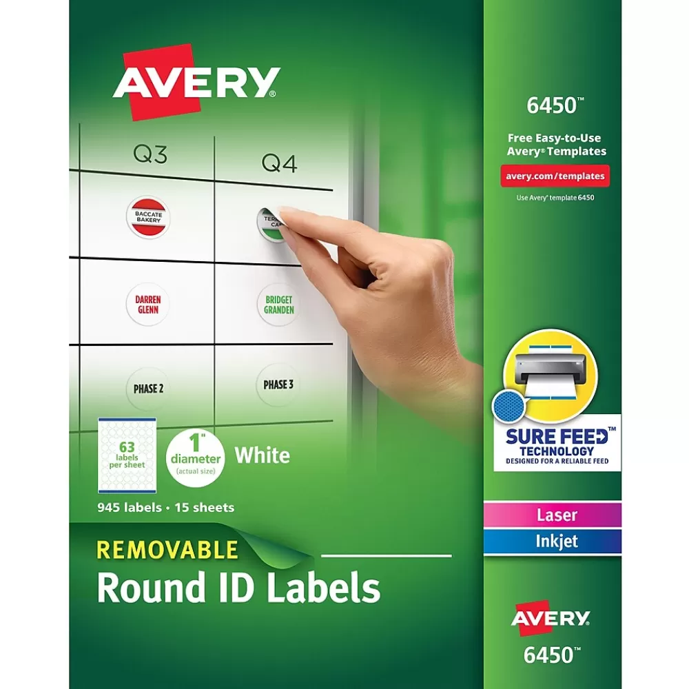 Avery Labels<Sure Feed Laser/Inkjet Multipurpose Labels, 1" Dia, White, 945 Labels/Pack (6450)