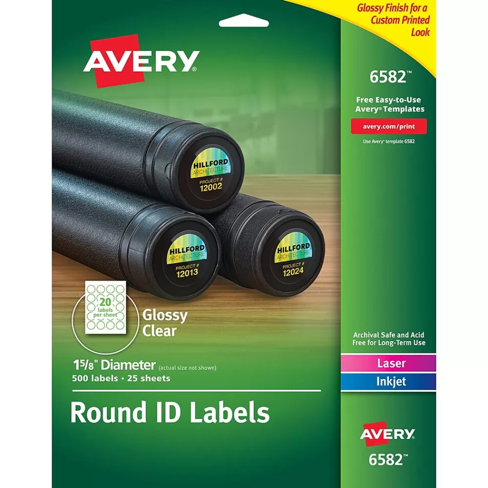 Avery Labels<Sure Feed Laser/Inkjet Print-to-the-Edge Labels, 1-5/8" Dia, Glossy Clear, 500 Labels/Pack (6582)