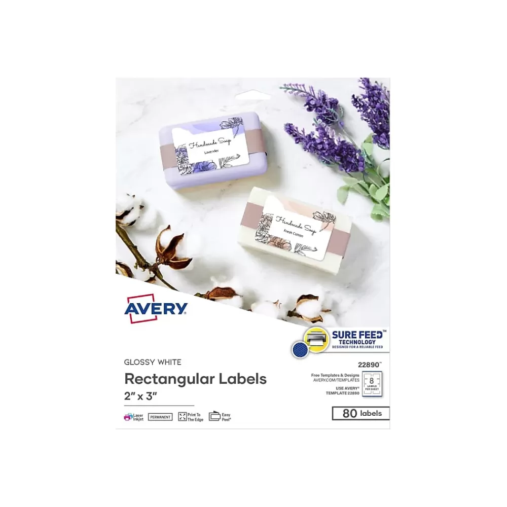 Avery Labels<Sure Feed Laser/Inkjet Rectangle Labels, 2" x 3", Glossy White, 80 Labels/Pack (22890)