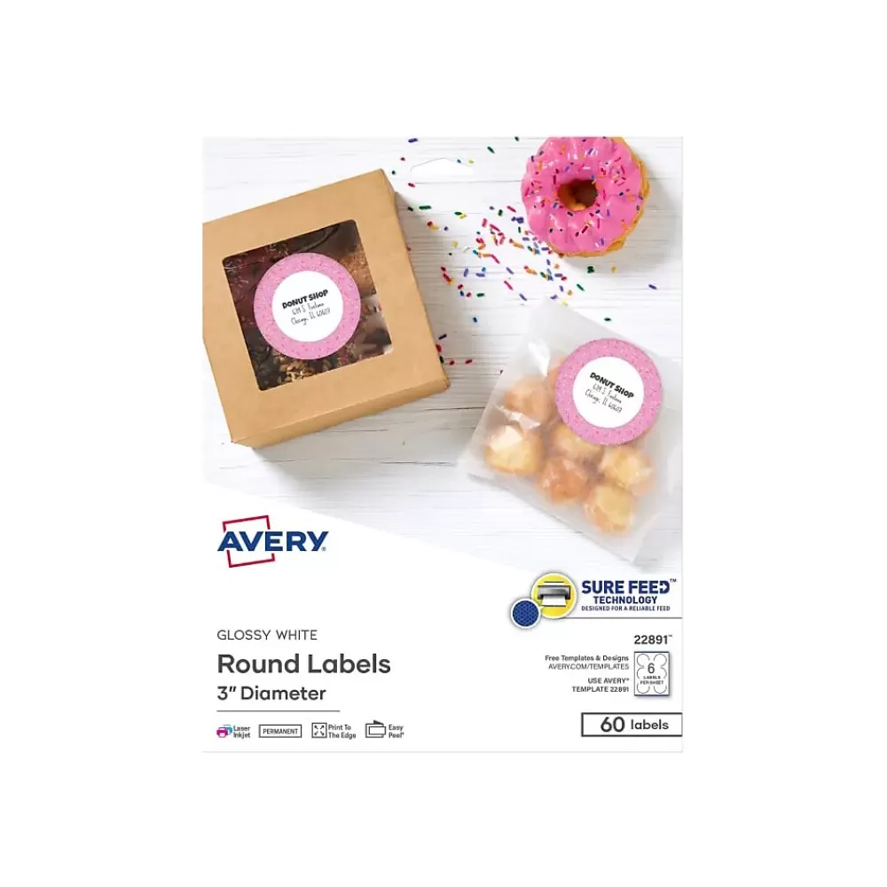 Avery Labels<Sure Feed Laser/Inkjet Round Labels, 3" Dia, Glossy White, 60 Labels/Pack (22891)