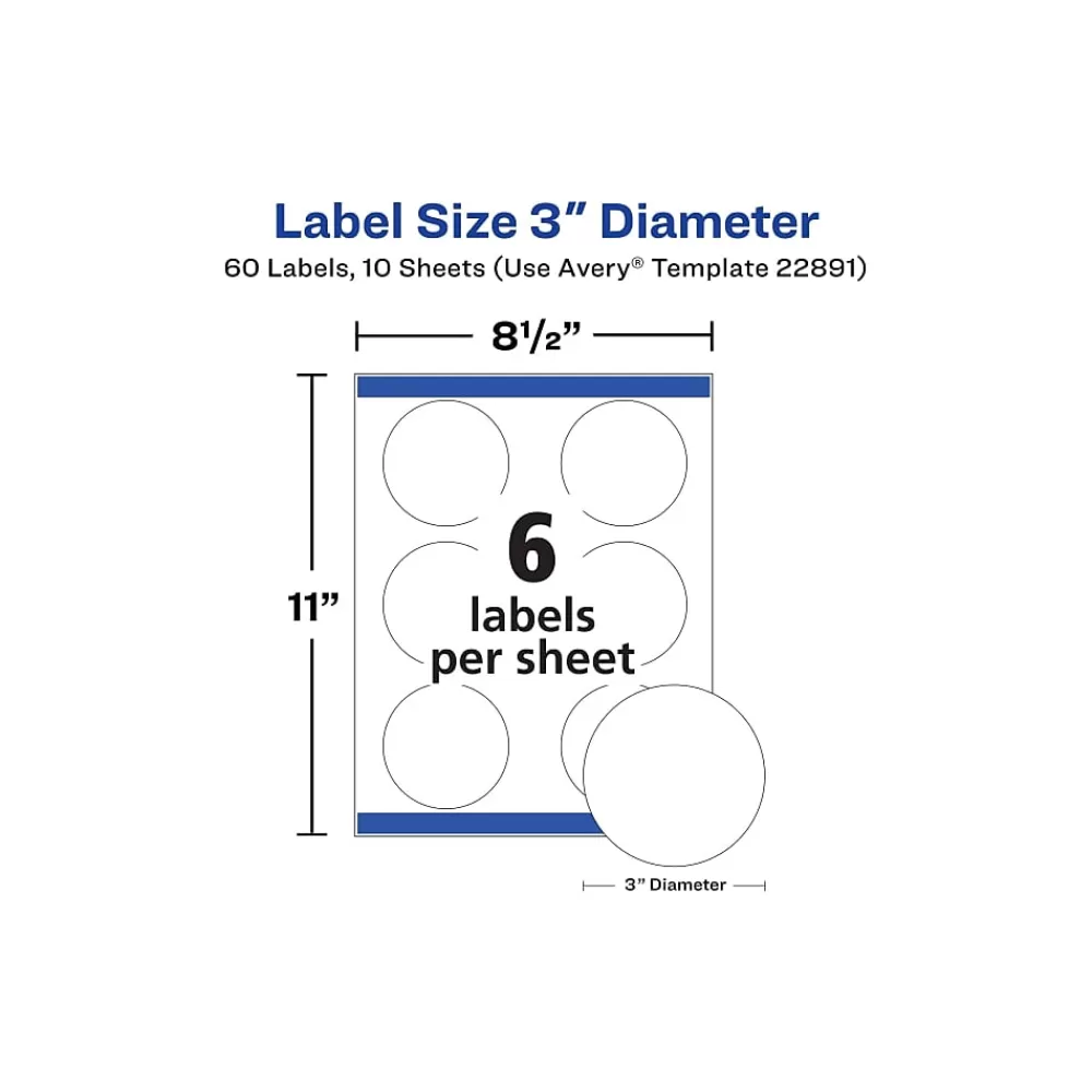Avery Labels<Sure Feed Laser/Inkjet Round Labels, 3" Dia, Glossy White, 60 Labels/Pack (22891)