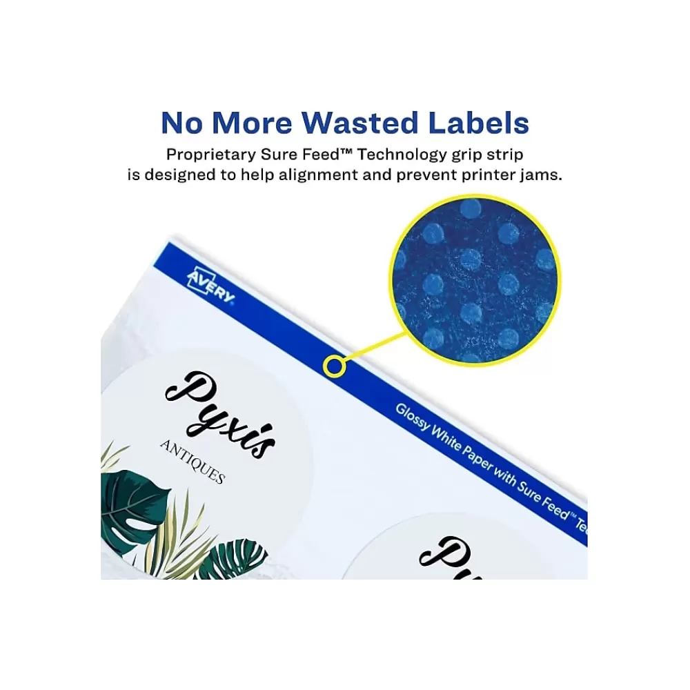 Avery Labels<Sure Feed Laser/Inkjet Round Labels, 3" Dia, Glossy White, 60 Labels/Pack (22891)