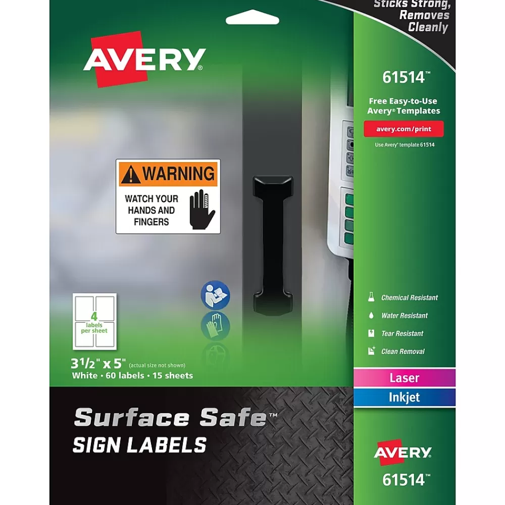 Avery Labels<Surface Safe Laser/Inkjet Label Safety Signs, 3 1/2" x 5", White, 60 Labels/Pack (61514)