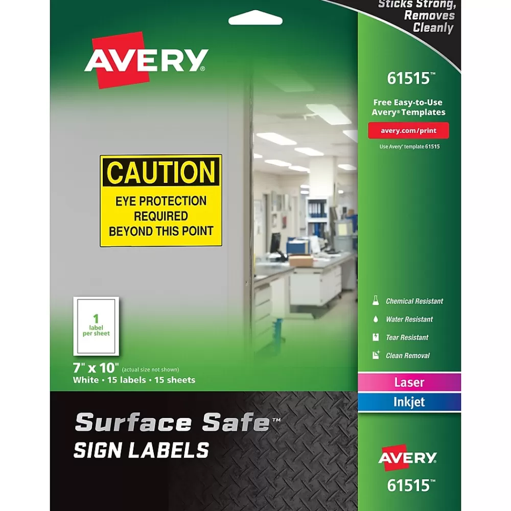 Avery Labels<Surface Safe Laser/Inkjet Label Safety Signs, 7" x 10", White, 15 Labels/Pack (61515)