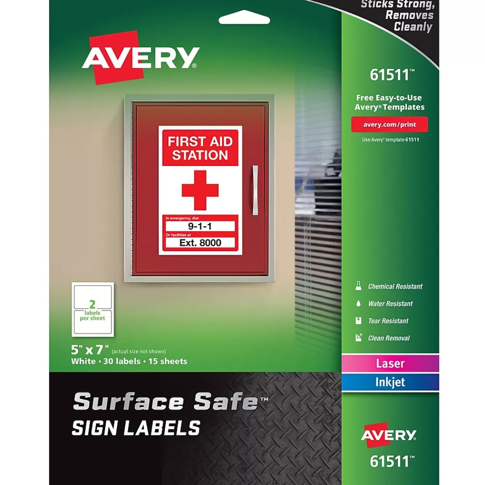 Avery Labels<Surface Safe Laser/Inkjet Label Safety Signs, 5" x 7", White, 30 Labels/Pack (61511)