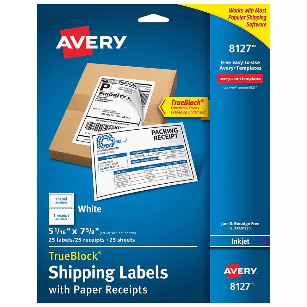 Avery Labels<TrueBlock Inkjet Shipping Labels with Paper Receipts, 5-1/16" x 7-5/8", White, 25 Labels/Pack (8127)