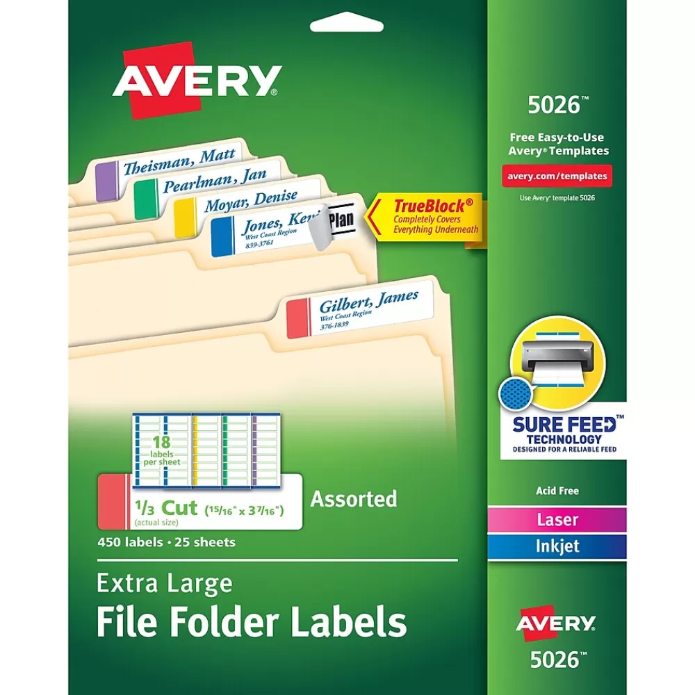 Avery Labels<TrueBlock Laser/Inkjet Extra Large File Folder Labels, 15/16" x 3-7/16", Assorted Colors, 450 Labels/Pack (5026)