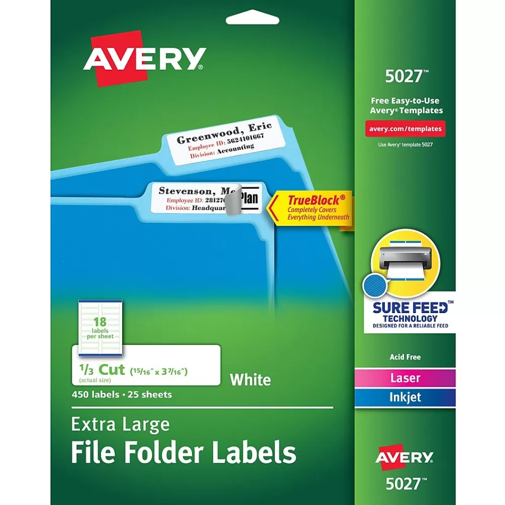 Avery Labels<TrueBlock Laser/Inkjet Extra Large File Folder Labels, 15/16" x 3-7/16", White, 450 Labels/Pack (5027)