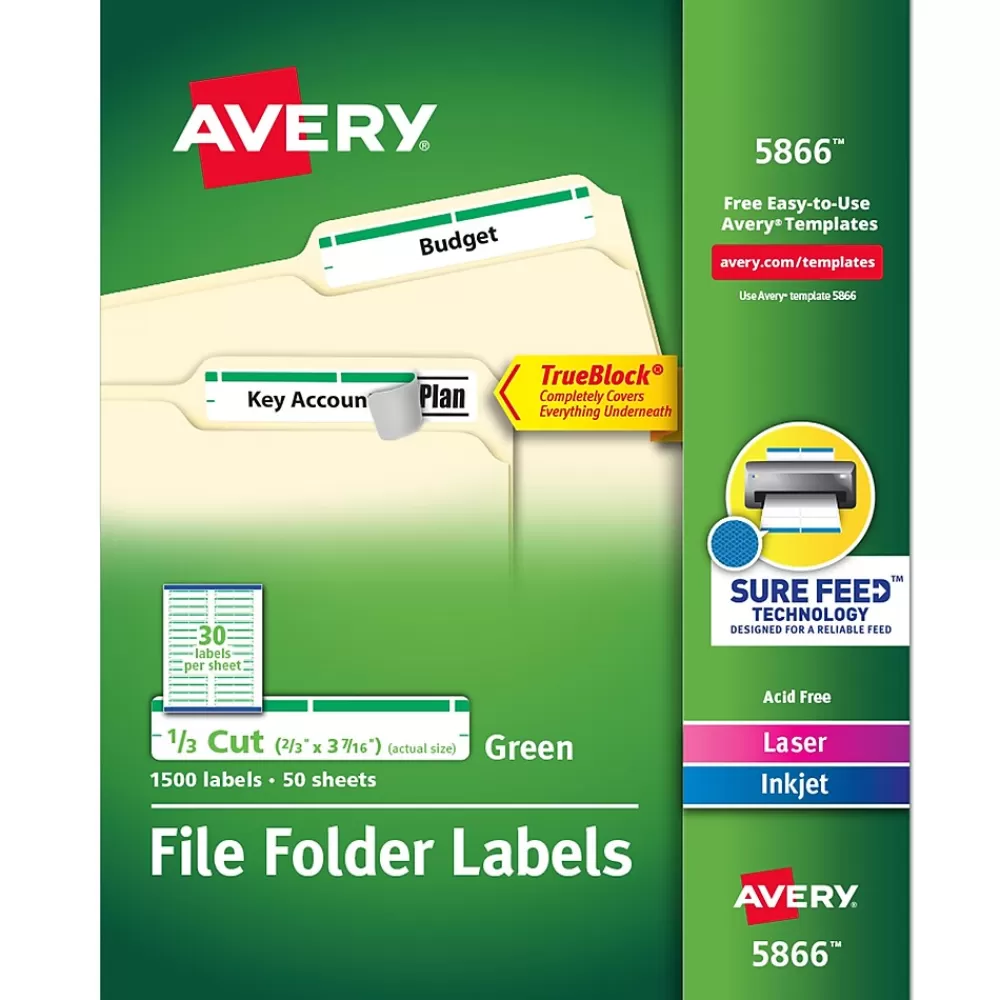 Avery Labels<TrueBlock Laser/Inkjet File Folder Labels, 2/3" x 3-7/16", White/, 1,500 Labels/Pack (5866)