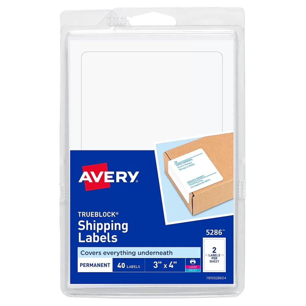 Avery Labels<TrueBlock Laser/Inkjet Shipping Labels, 3" x 4", White, 40 Labels/Pack (5286)