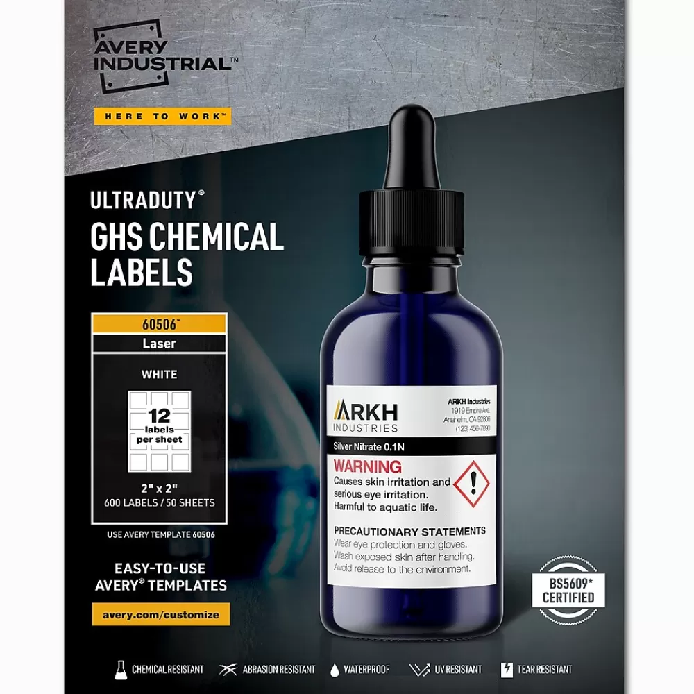 Avery Labels<UltraDuty Waterproof Laser GHS Chemical Labels 2" x 2", White, 600 Labels/Box (60506)