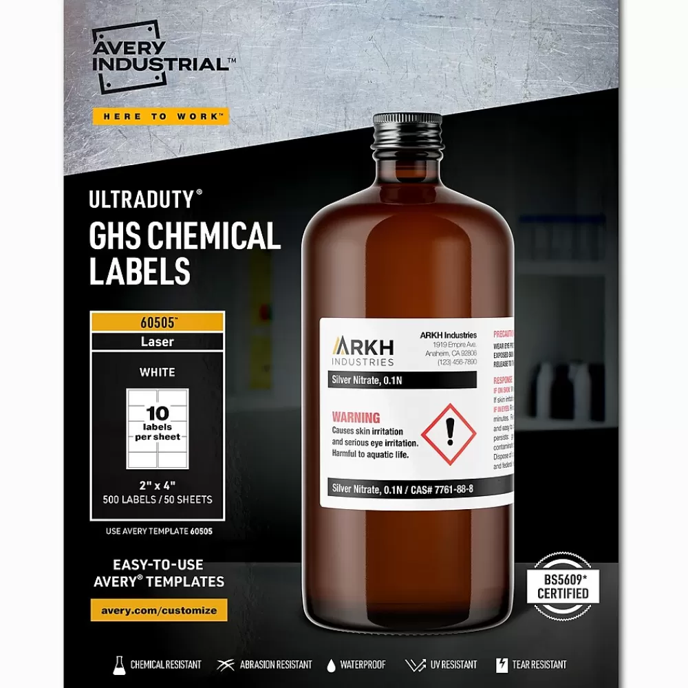Avery Labels<UltraDuty Waterproof Laser GHS Chemical Labels, 2" x 4", White, 500 Labels/Box (60505)