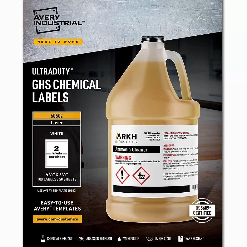 Avery Labels<UltraDuty Waterproof Laser GHS Chemical Labels 4-3/4" x 7-3/4", White, 100 Labels/Box (60502)