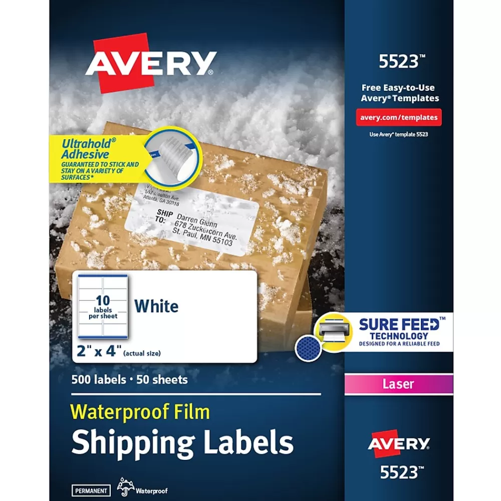 Avery Labels<Waterproof Laser Shipping Labels, 2" x 4", Matte White, 500 Labels/Box (5523)