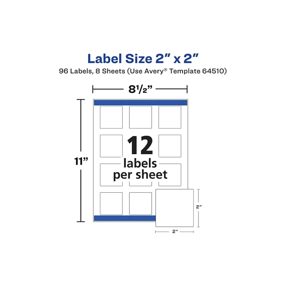 Avery Labels<Waterproof Laser/Pigment-Inkjet Square Labels, 2" x 2", Glossy White, 96 Labels/Pack (64510)