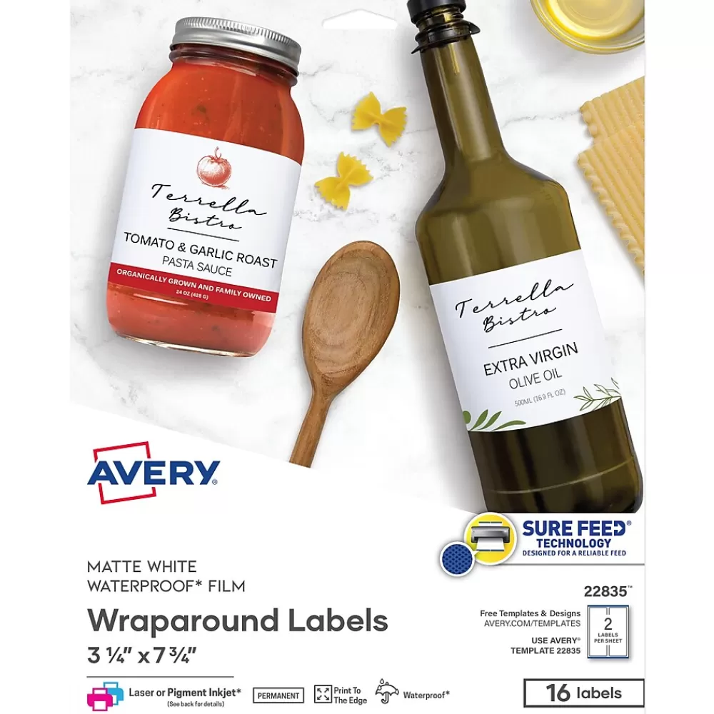 Avery Labels<Waterproof Wraparound Laser/Pigment-Inkjet Rectangle Labels, 3 1/4" x 7 3/4", White, 16 Labels/Pack (22835)