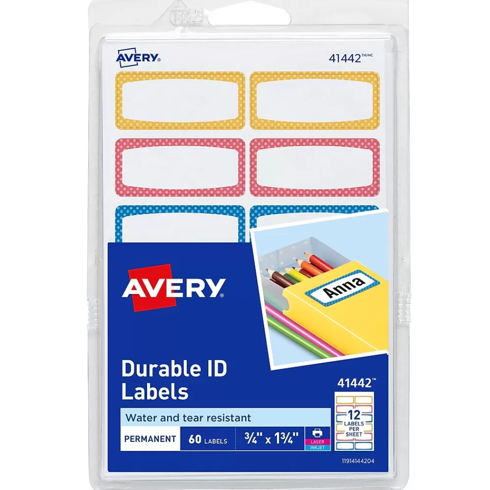 Avery Labels<Water-Resistant Laser/Inkjet ID Labels on 4" x 6" Sheets, 3/4" x 1-3/4", Assorted Border Colors, 60 Labels/Pack (41442)