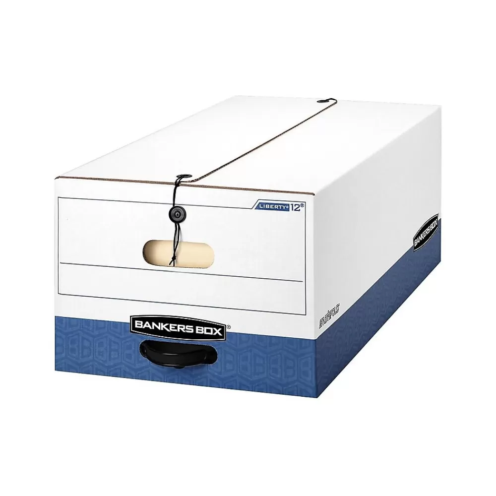 Bankers Box® File Storage<Bankers Box Heavy-Duty Corrugated File Storage Boxes, String & Button, Legal Size, White/Blue, 12/Carton (00012)