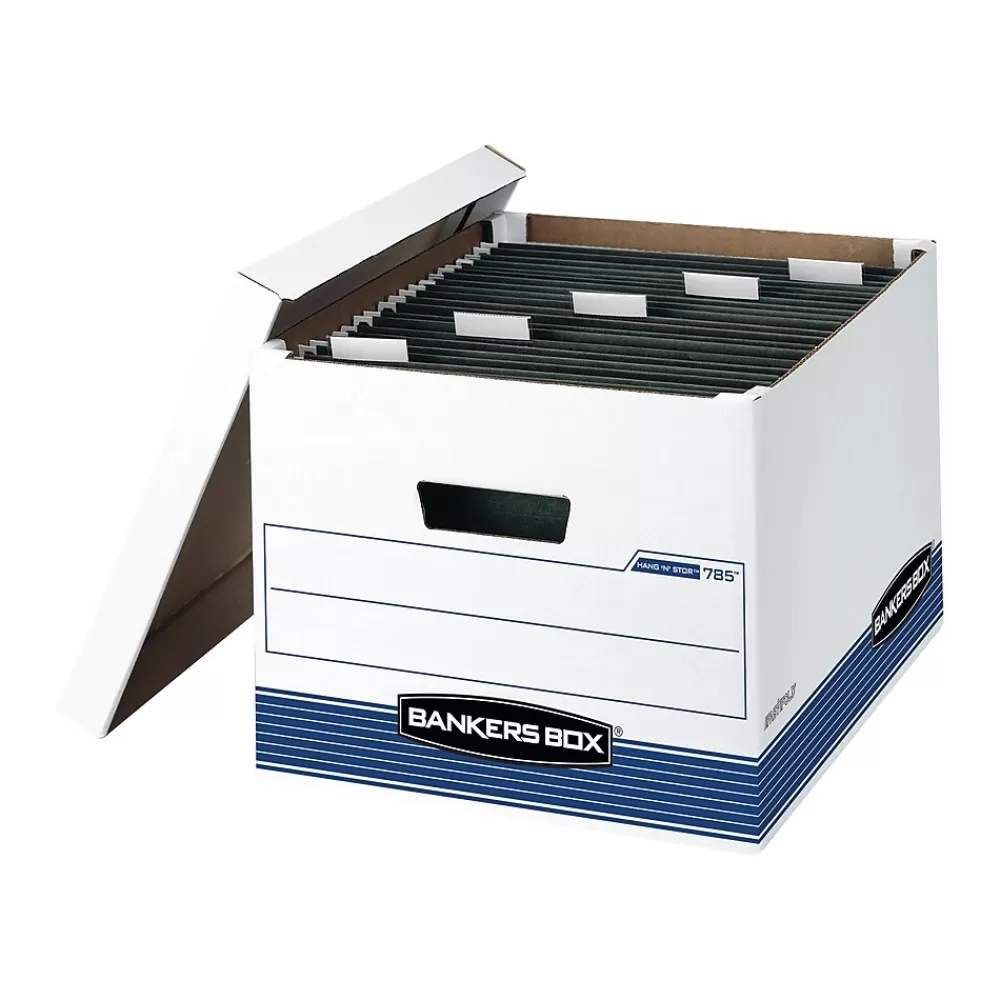 Bankers Box® File Storage<Bankers Box Medium-Duty FastFold Corrugated File Boxes, Lift-off Lid, Letter/Legal Size, White/Blue, 4/Carton (00785)