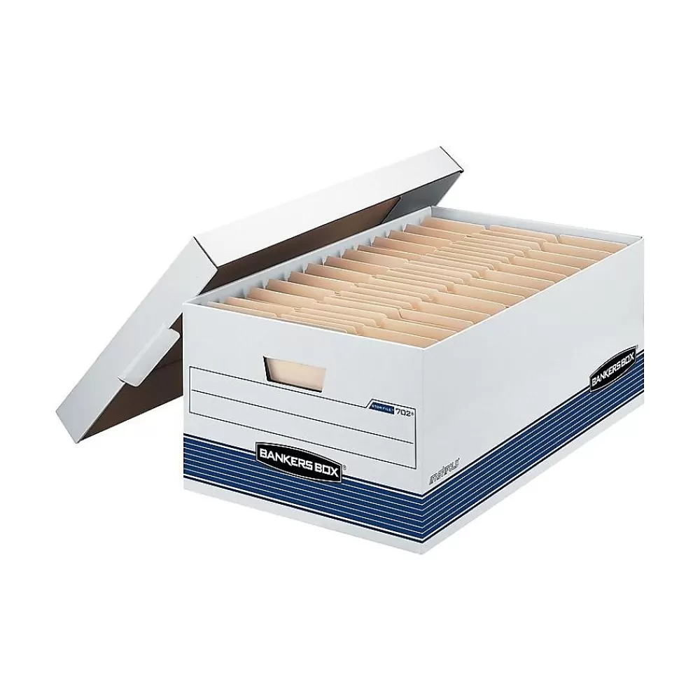 Bankers Box® File Storage<Bankers Box Medium-Duty FastFold Corrugated File Storage Boxes, 24" Lift-Off Lid, Legal Size, White/Blue, 12/Carton (00702)