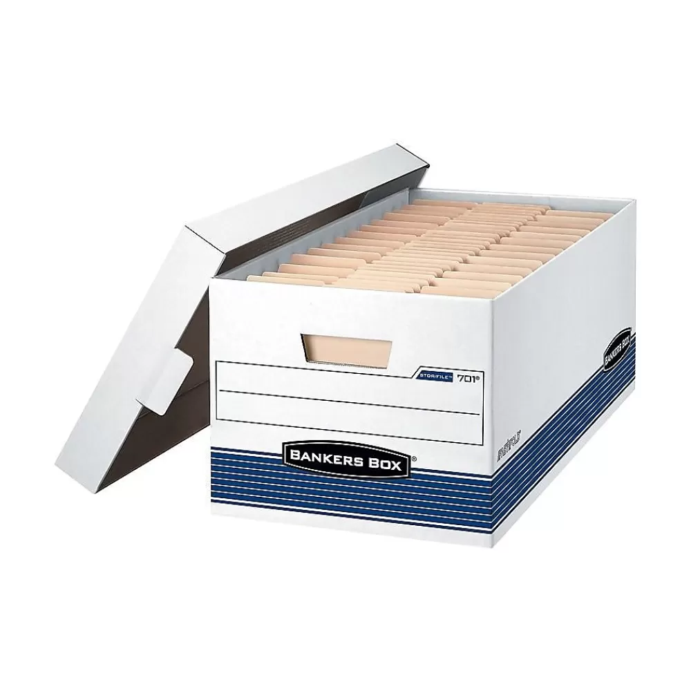 Bankers Box® File Storage<Bankers Box Medium-Duty FastFold Corrugated File Storage Boxes, Lift-Off Lid, 24" Legal Size, White/Blue, 4/Carton (0070205)