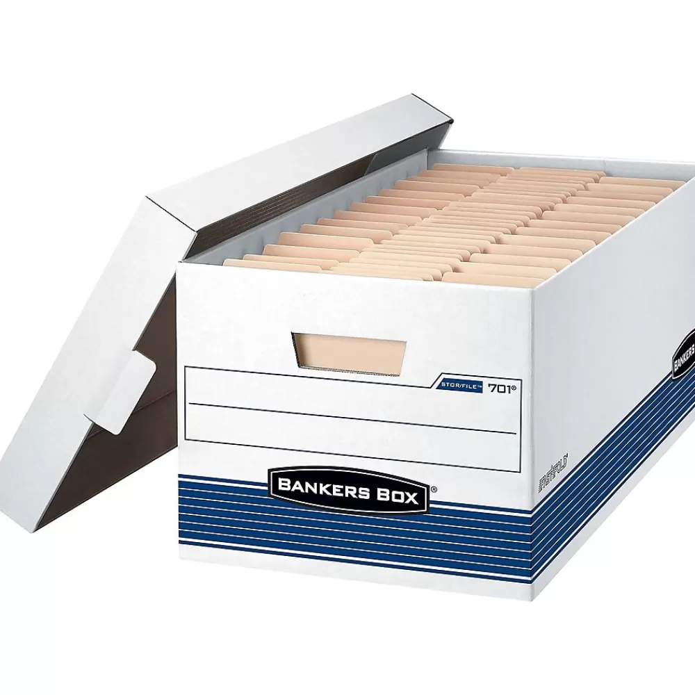 Bankers Box® File Storage<Bankers Box Medium-Duty FastFold Corrugated File Storage Boxes, Lift-Off Lid, Letter Size, White/Blue, 12/Carton (00701)