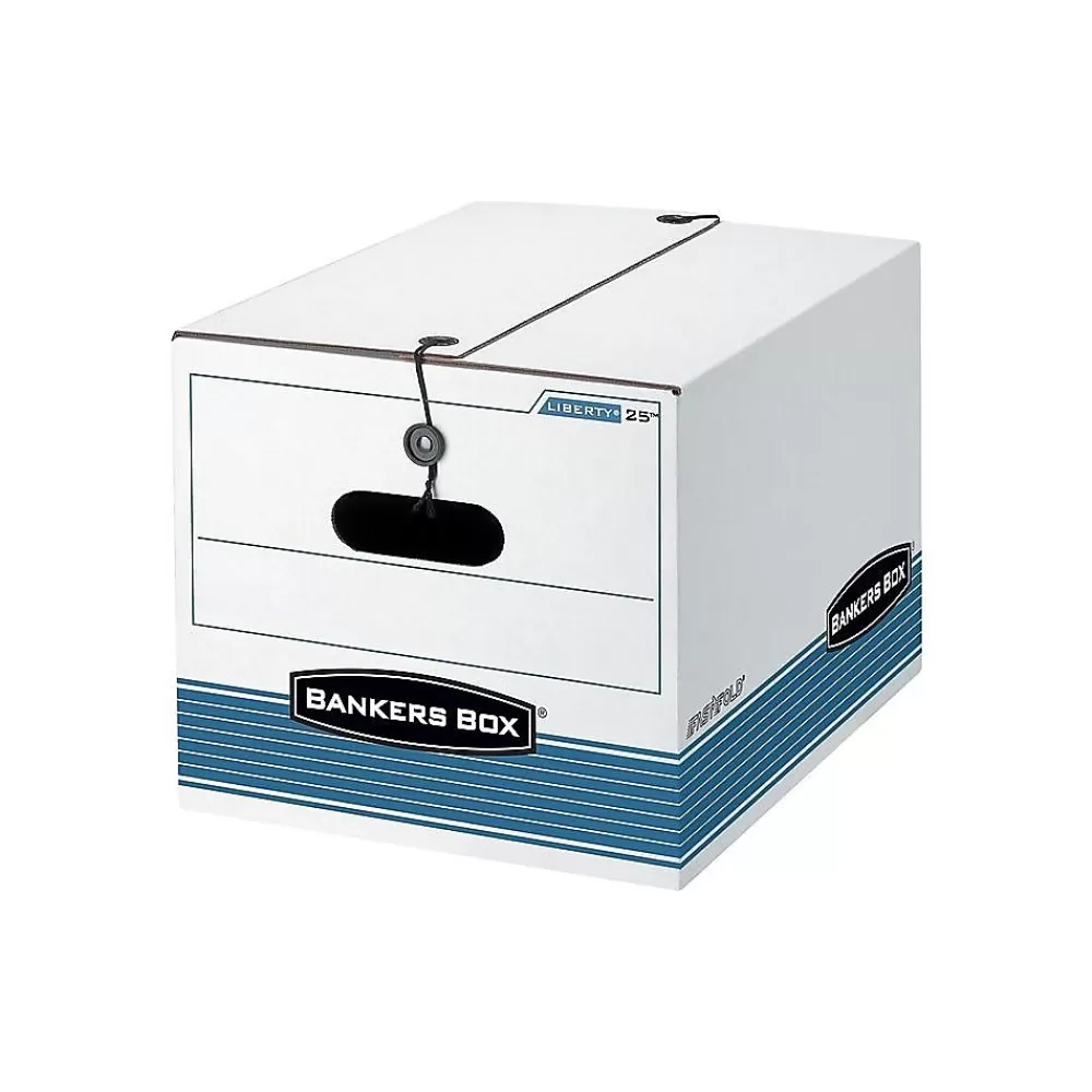 Bankers Box® File Storage<Bankers Box Medium-Duty FastFold File Storage Boxes, String & Button, Letter/Legal Size, White/Blue, 4/Carton (0002501)