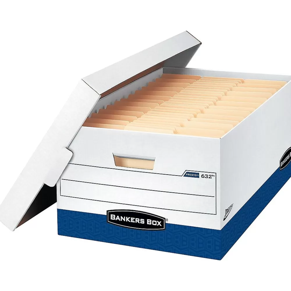 Bankers Box® File Storage<Bankers Box Presto Heavy-Duty Instant Assembly File Storage Boxes, Lift-Off Lid, Legal Size, White/Blue, 12/Carton (0063201)