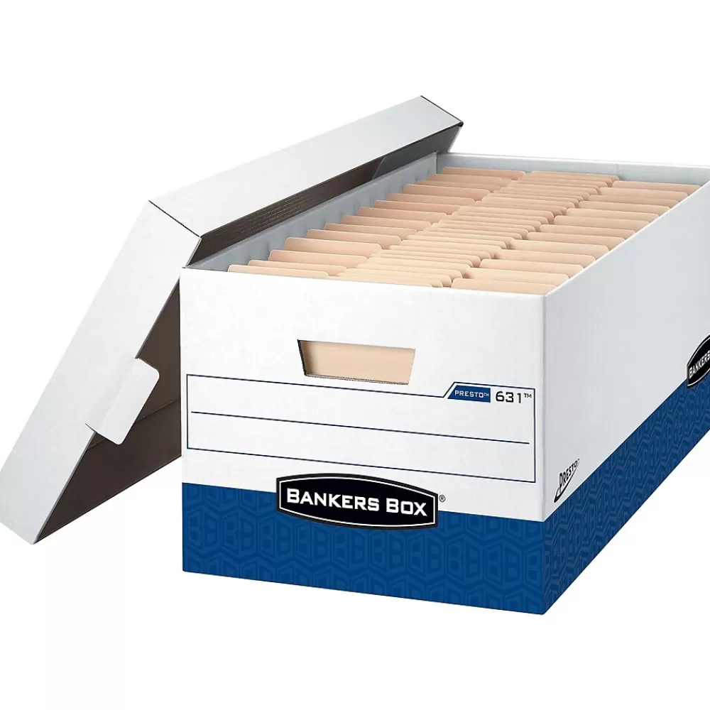 Bankers Box® File Storage<Bankers Box Presto Heavy-Duty Instant Assembly File Storage Boxes, Lift-Off Lid, Letter Size, White/Blue, 4/Pack (0063102)