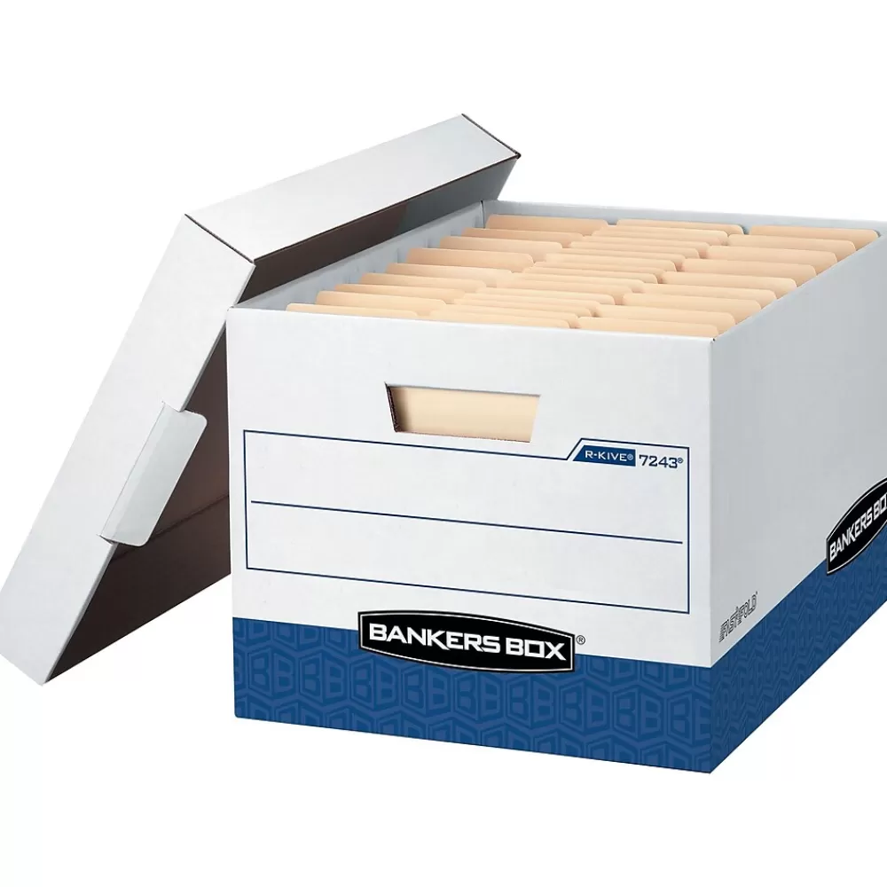 Bankers Box® File Storage<Bankers Box R-Kive Heavy Duty 60% Recycled FastFold Corrugated File Box Lift Off Lid, Letter/Legal Size, White/Blue, 20/Carton