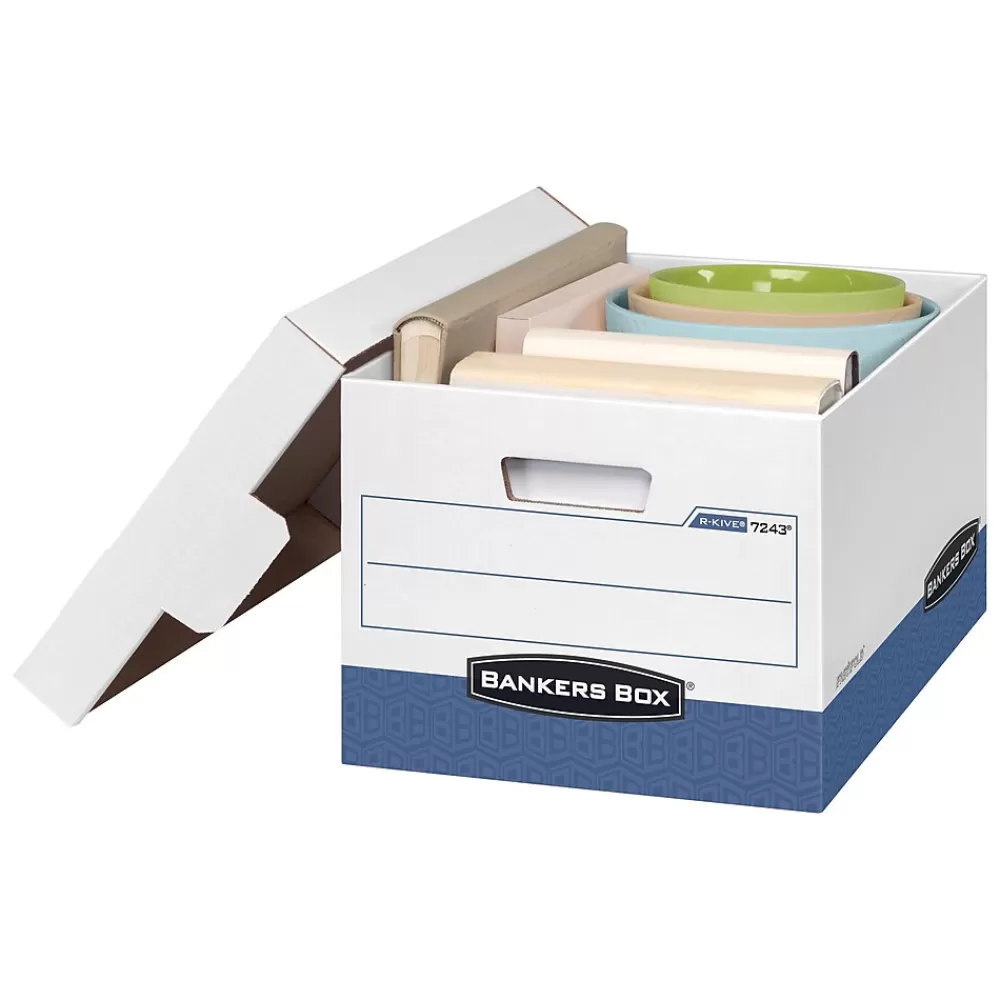 Bankers Box® File Storage<Bankers Box R-Kive Heavy Duty 60% Recycled FastFold Corrugated File Box Lift Off Lid, Letter/Legal Size, White/Blue, 20/Carton