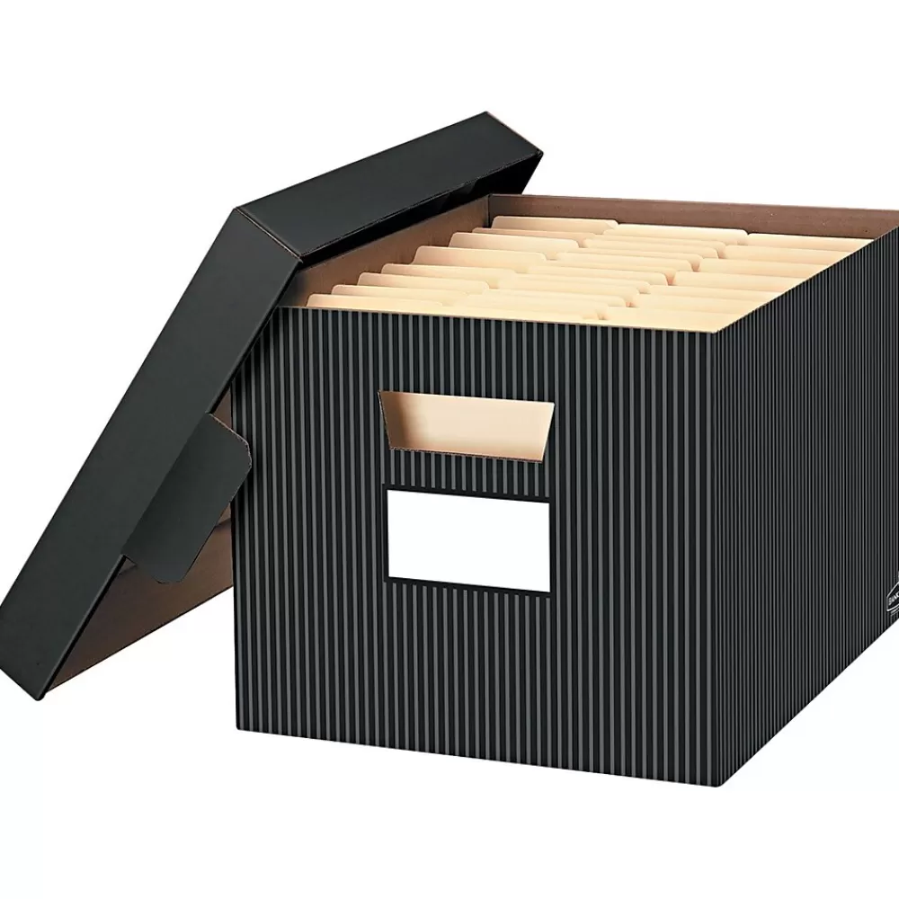 Fellowes File Storage<Bankers Box Stor/File Medium-Duty FastFold File Storage Boxes, Lift-Off Lid, Letter/Legal Size, Pinstripe, 4/Ct (0029803)