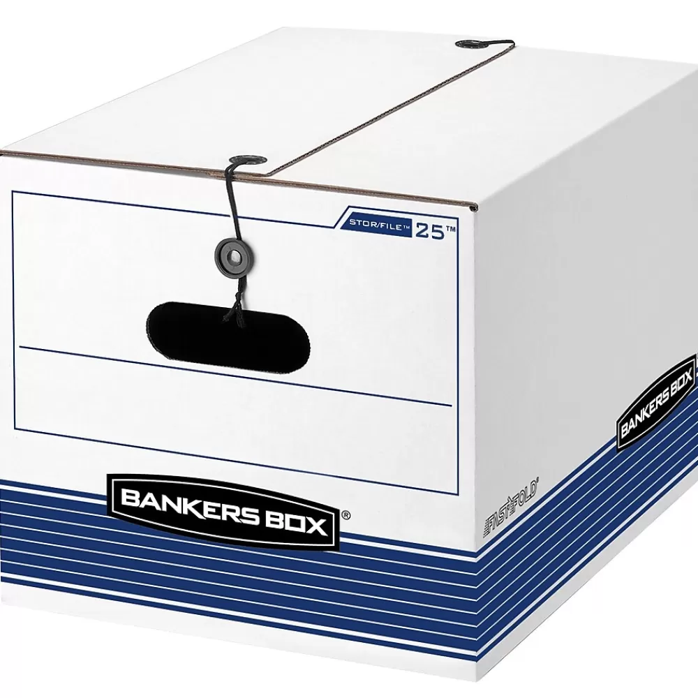 Bankers Box® File Storage<Bankers Box Stor/File Medium-Duty FastFold File Storage Boxes, String & Button, Letter/Legal Size, White/Blue, 12/Carton (00025)