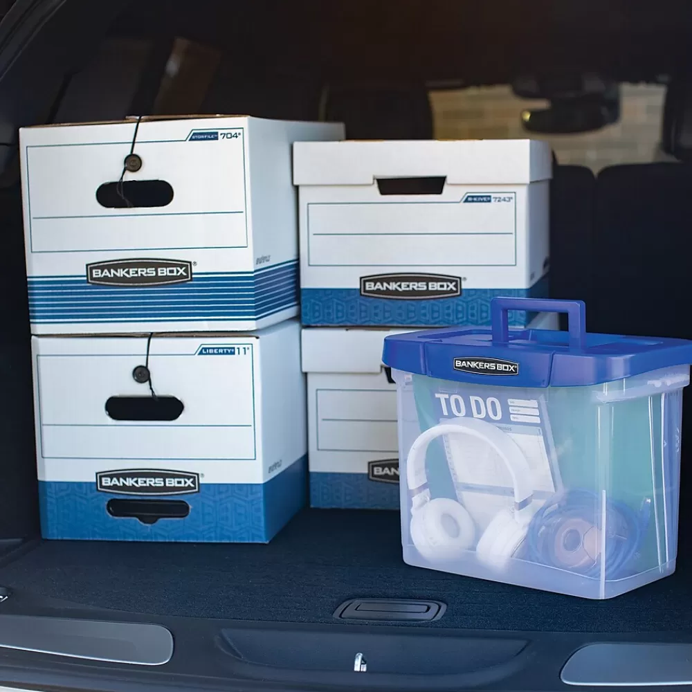 Bankers Box® File Storage<Bankers Box Stor/File Medium-Duty FastFold File Storage Boxes, String & Button, Letter/Legal Size, White/Blue, 12/Carton (00025)