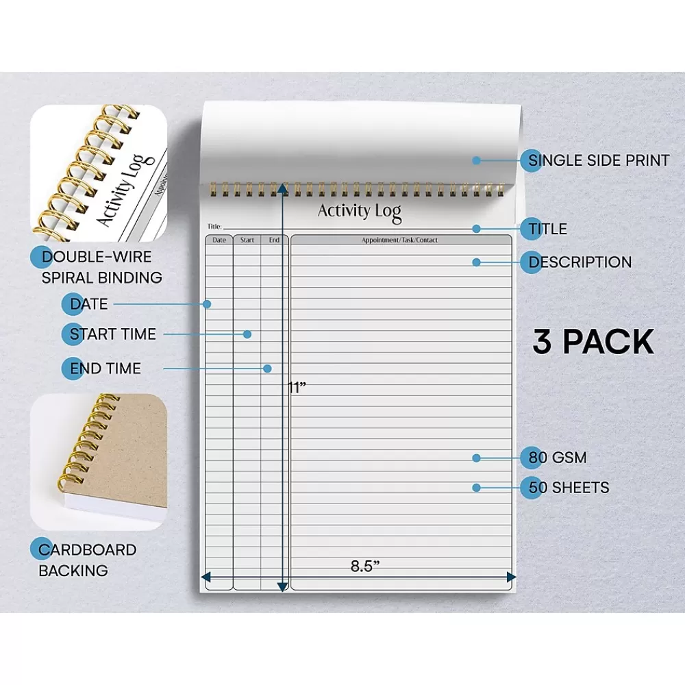 Better Office Notepads<Activity Log Notepad & Refill, 8.5" x 11", Ruled, White, 50 Sheets/Pad, 3 Pads/Pack (25827-3PK)