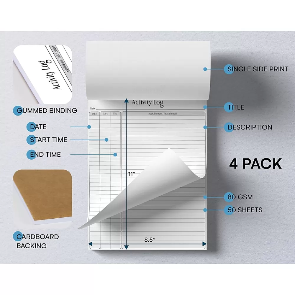 Better Office Notepads<Activity Log Notepad, 8.5" x 11", Ruled, White, 50 Sheets/Pad, 4 Pads/Pack (25837-4PK)