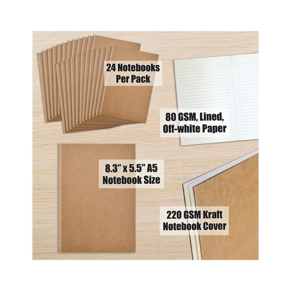 Better Office Notebooks<Customizable Notebook, 5.5" x 8.3", Narrow Ruled, 30 Sheets, Kraft, 24/Pack (25021-24PK)
