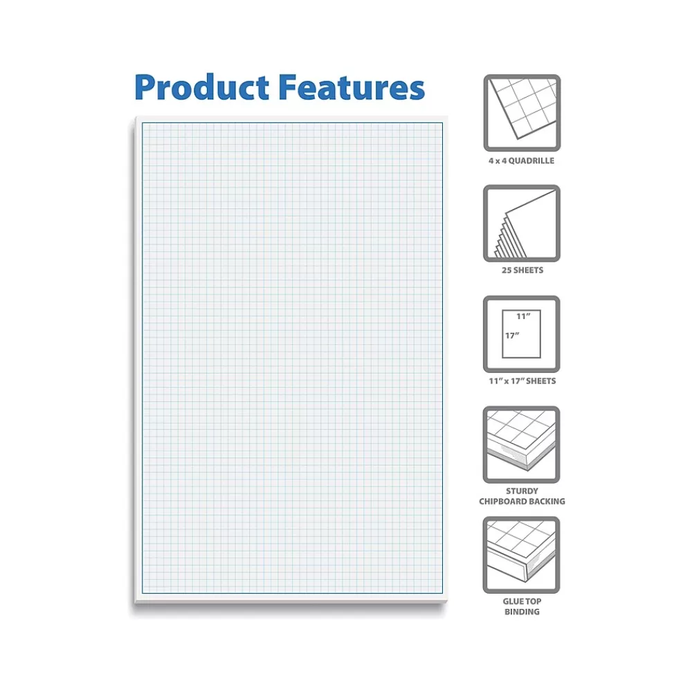 Better Office Notepads<Graph Pad, 11" x 17", Quad-Ruled, White, 25 Sheets/Pad (25600)