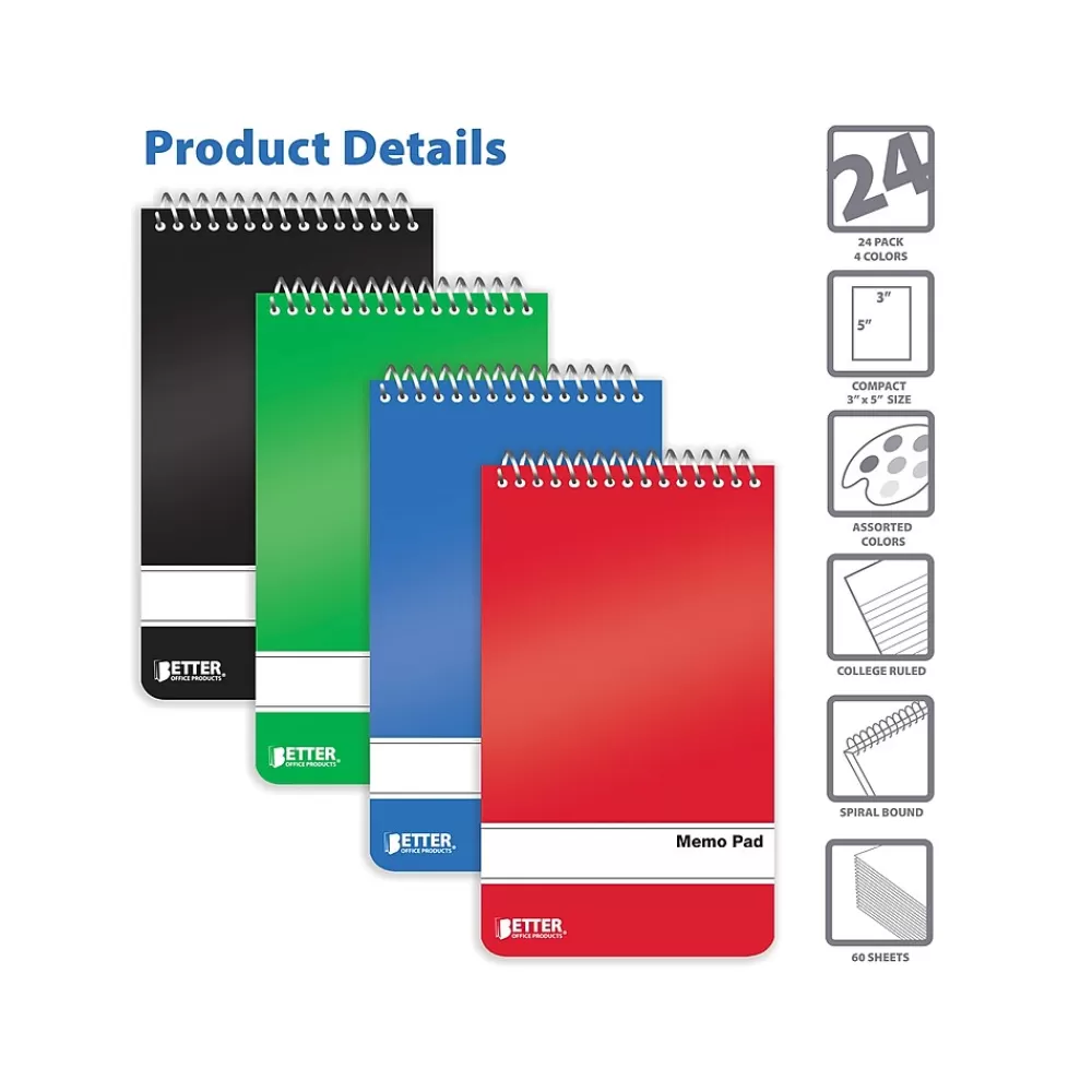 Better Office Notepads<Memo Pads, 3" x 5", College-Ruled, Assorted Colors, 60 Sheets/Pad, 24 Pads/Pack (25924-24PK)