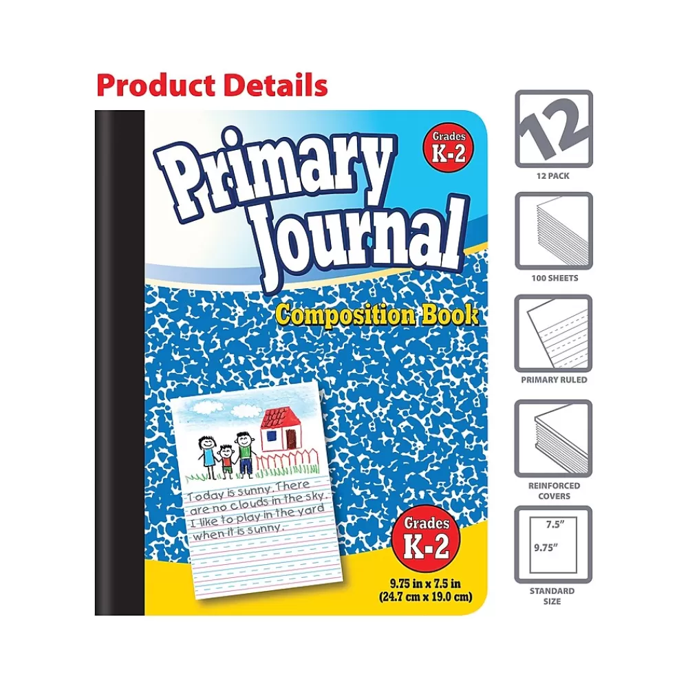 Better Office Composition Notebooks<Primary Journal Composition Notebooks, 7.5" x 9.75", Primary, 100 Sheets, Blue, 12/Pack (25412-12PK)