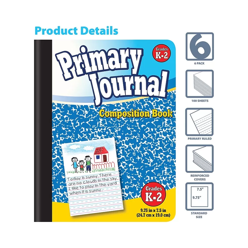 Better Office Composition Notebooks<Primary Journal 1-Subject Composition Notebooks, 7.5" x 9.75", Primary, 100 Sheets, Blue, 6/Pack (25406-6PK)