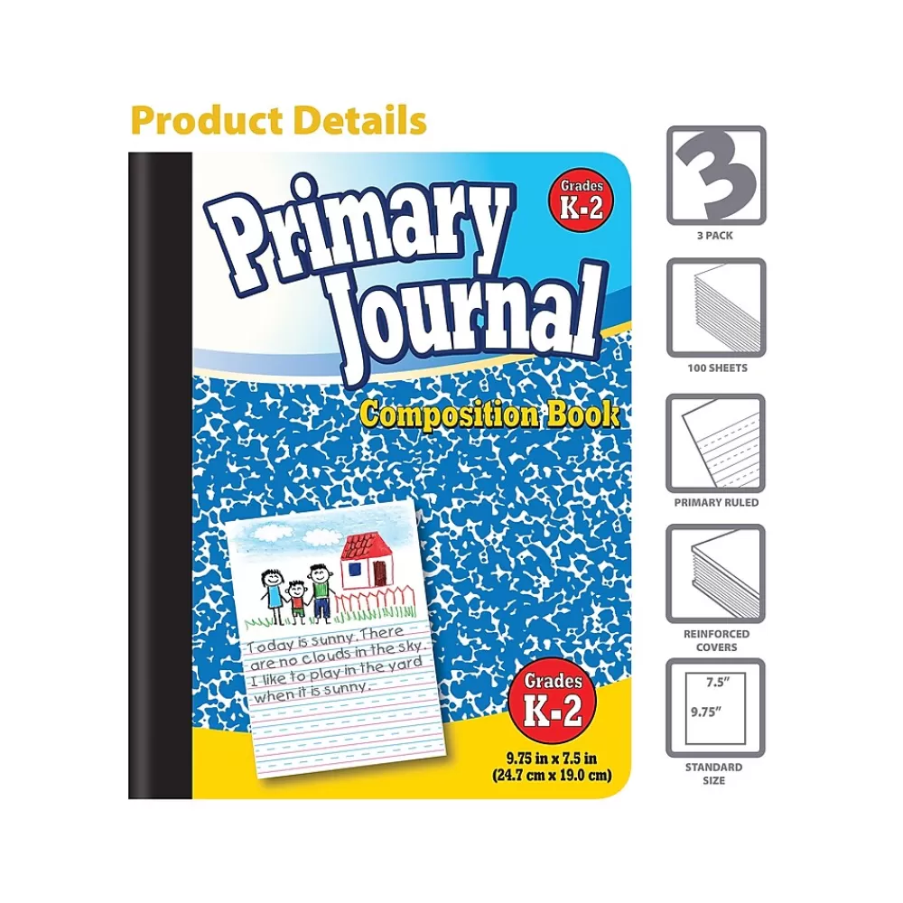 Better Office Composition Notebooks<Primary Journal 1-Subject Composition Notebooks, 7.5" x 9.75", Primary, 100 Sheets, Blue, 3/Pack (25403-3PK)