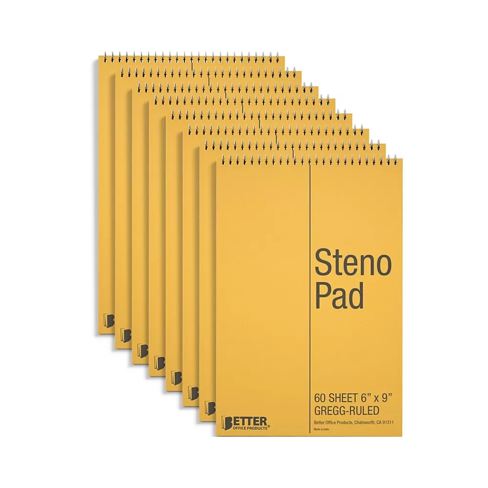 Better Office Notepads<Steno Pad, 6" x 9", Gregg-Ruled, Yellow, 60 Sheets/Pad, 8 Pads/Pack (25808-8PK)