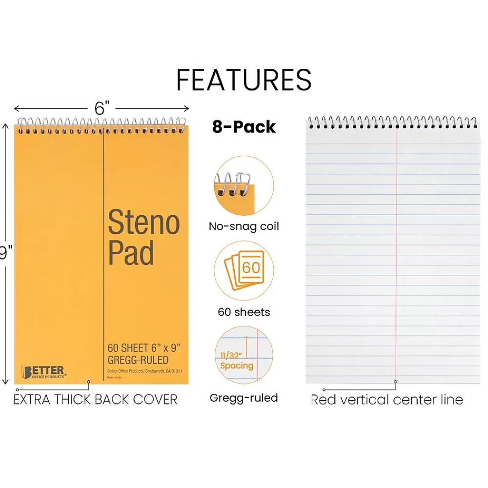 Better Office Notepads<Steno Pad, 6" x 9", Gregg-Ruled, Yellow, 60 Sheets/Pad, 8 Pads/Pack (25808-8PK)