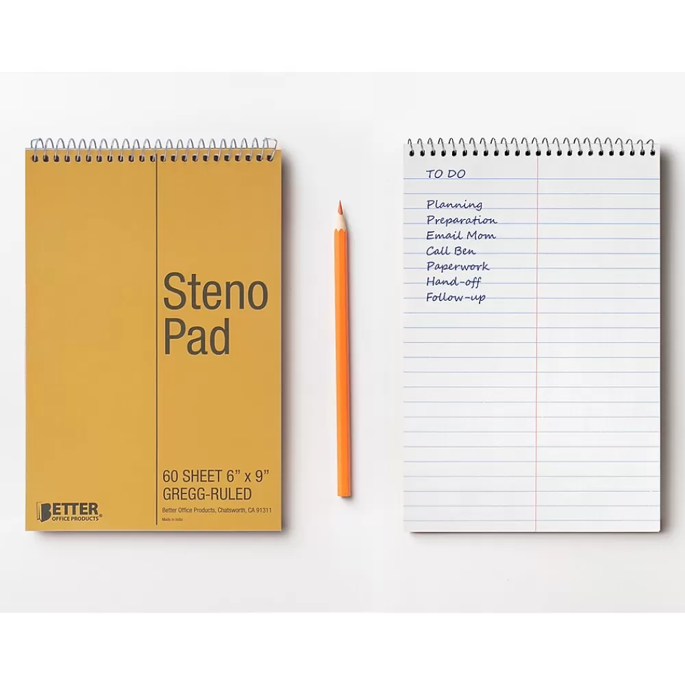 Better Office Notepads<Steno Pad, 6" x 9", Gregg-Ruled, Yellow, 60 Sheets/Pad, 8 Pads/Pack (25808-8PK)