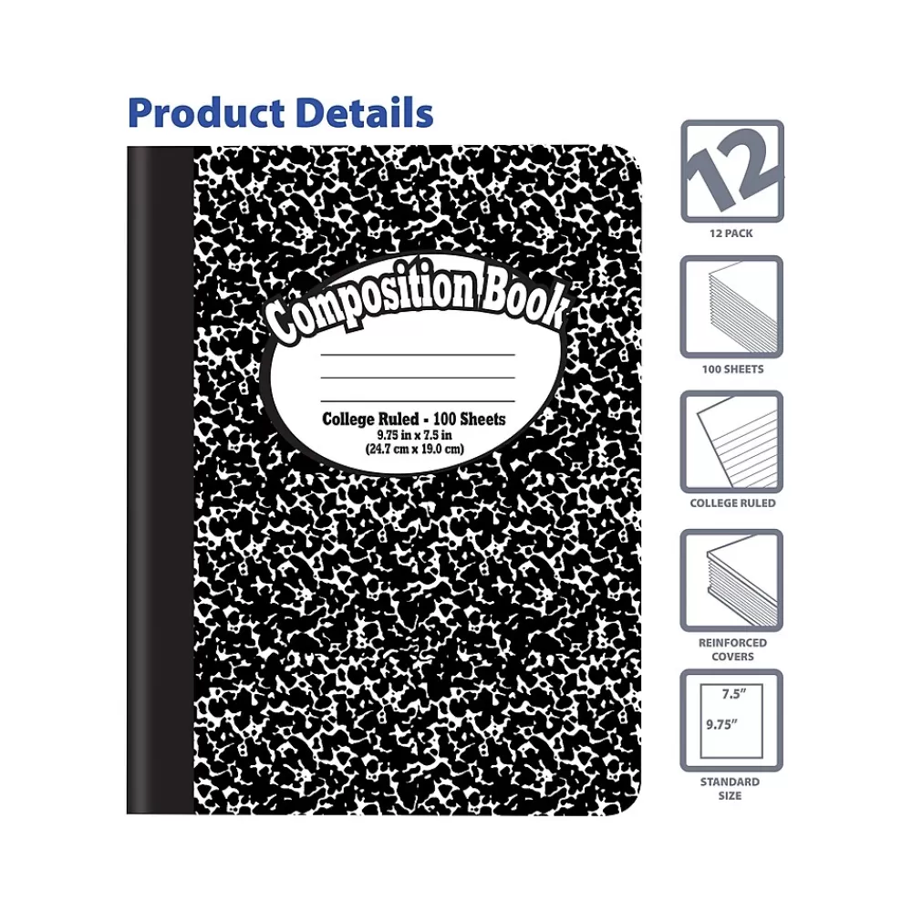 Better Office Composition Notebooks<1-Subject Composition Notebooks, 7.5" x 9.75", College Ruled, 100 Sheets, Black, 12/Pack (25312-12PK)