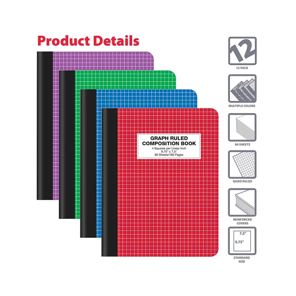 Better Office Composition Notebooks<1-Subject Composition Notebooks, 7.5" x 9.75", Graph Ruled, 80 Sheets, 12/Pack (25612-12PK)