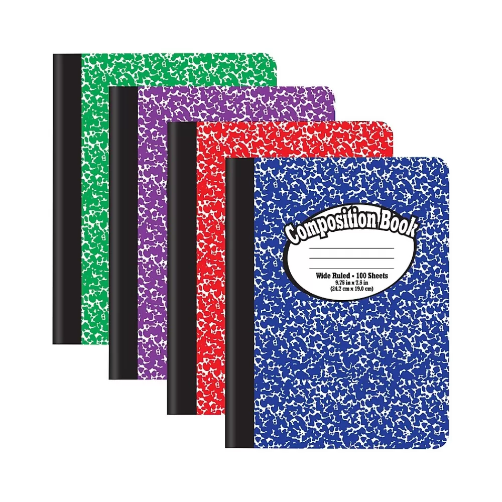 Better Office Composition Notebooks<1-Subject Composition Notebooks, 7.5" x 9.75", Wide Ruled, 100 Sheets, Assorted Colors, 4/Pack (25204-4PK)
